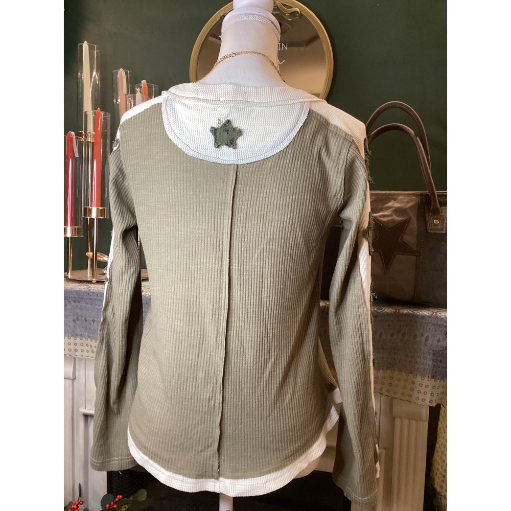 POL Olive Green Star Patch Waffle Ribbed Knit Long Sleeve Top UKT602‎ Small - Picture 3 of 5